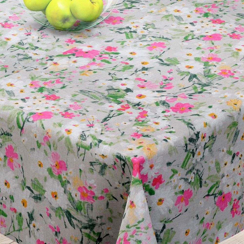 Faustine Lyserød - Smuk hørdug med blomster - 100% hør