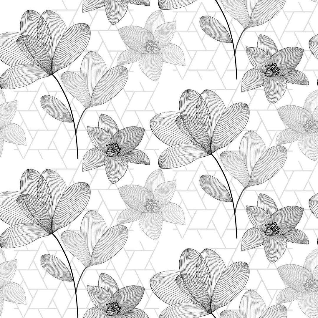 Filicity - Gennemsigtig voksdug med stregtegninger af blomster og blade, grå