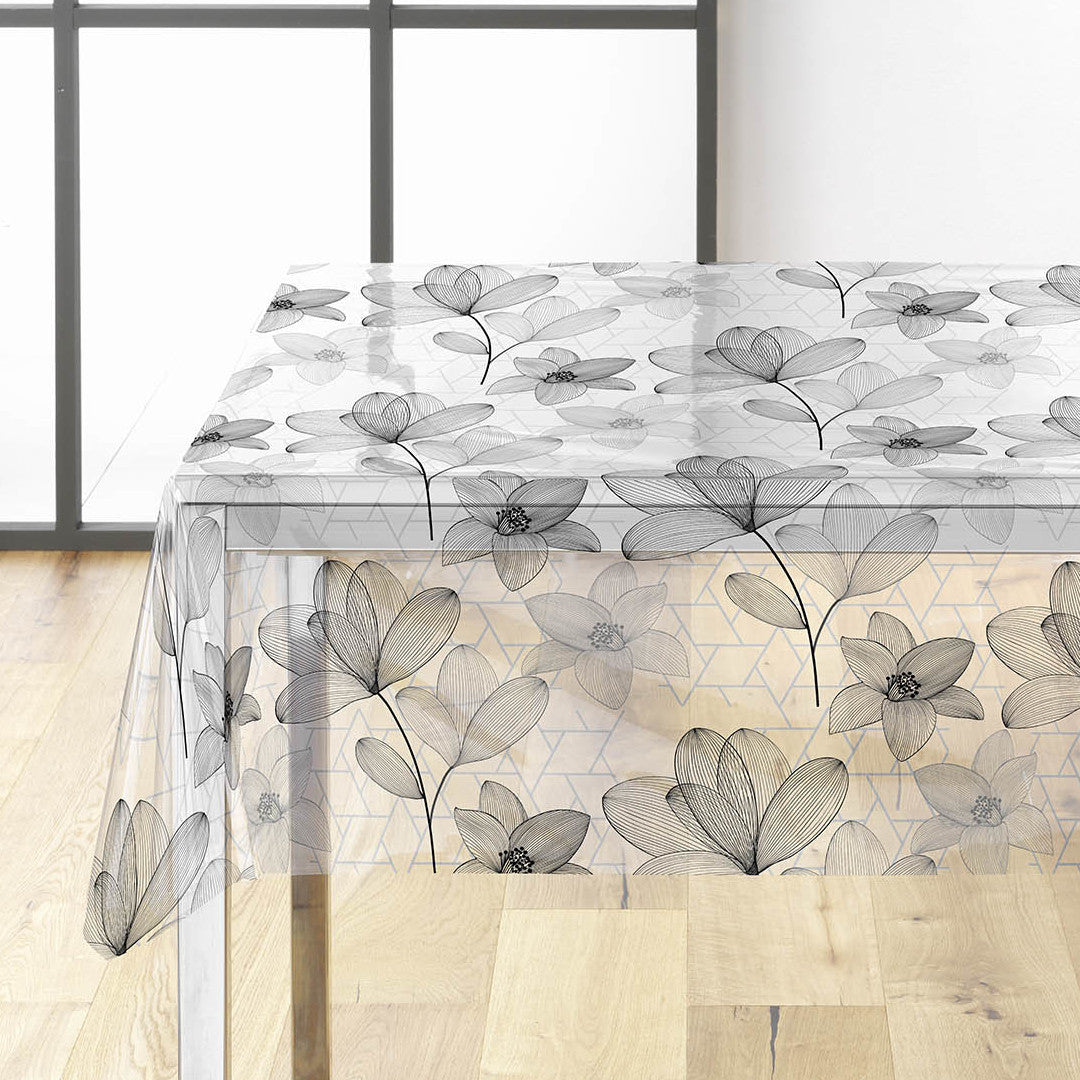 Filicity - Gennemsigtig voksdug med stregtegninger af blomster og blade, hjørne