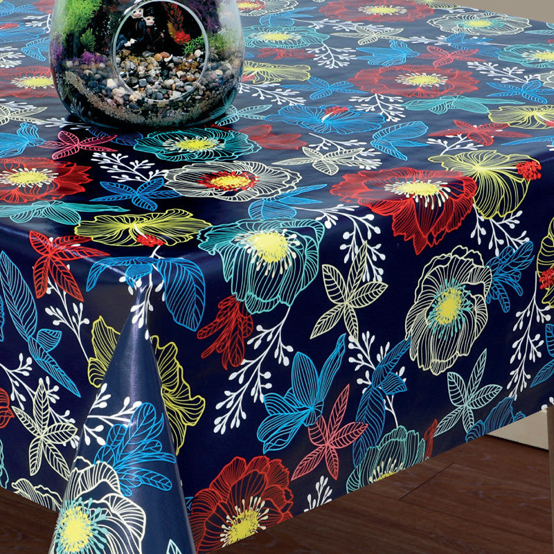 Filligranhaven Blå, voksdug med blade og blomster på blå bund