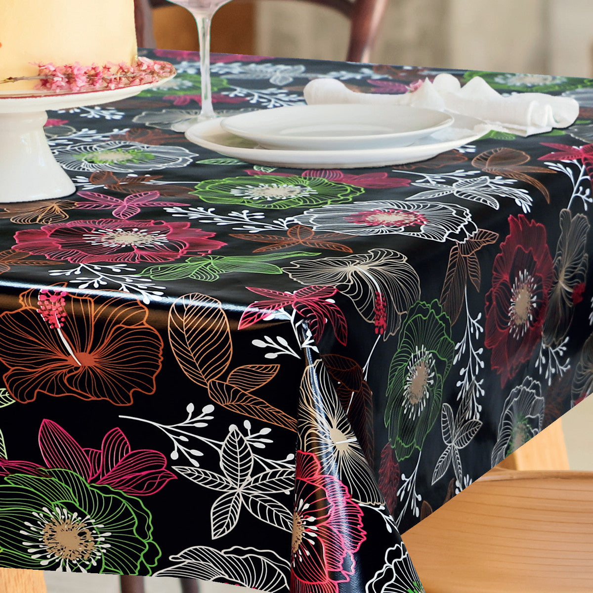 Filligranhaven Sort, voksdug med blade og blomster på sort bund