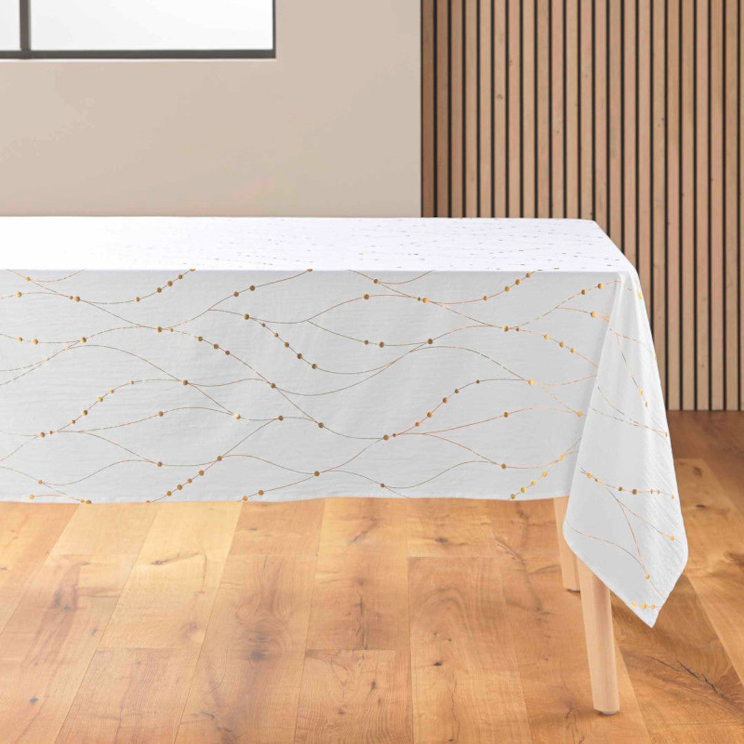 Firmament Metallic Print Hvid/guld - Hvid nytårs/juledug med guldprint, 140 x 240 cm, hjoerne