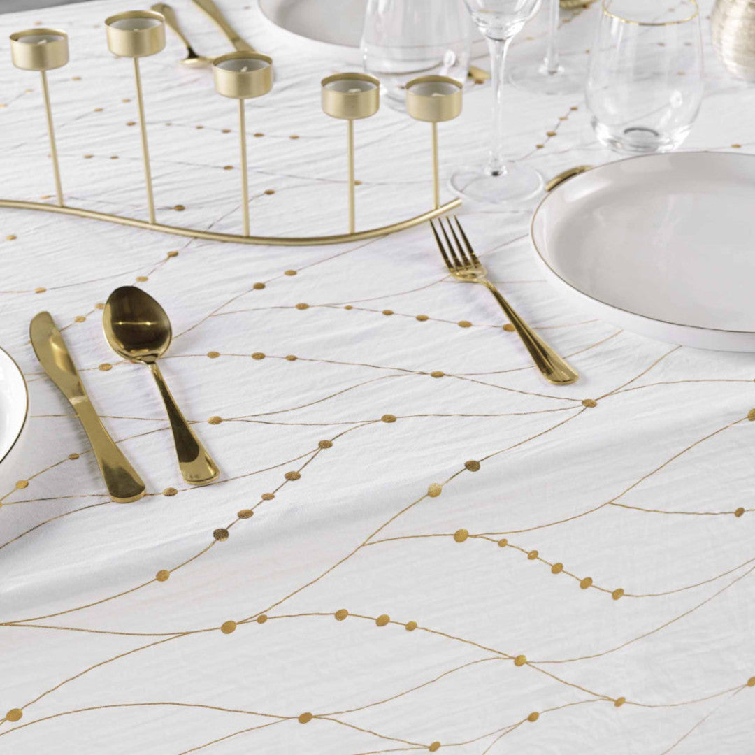 Firmament Metallic Print Hvid/guld - Hvid nytårs/juledug med guldprint, 140 x 240 cm, nærbillede