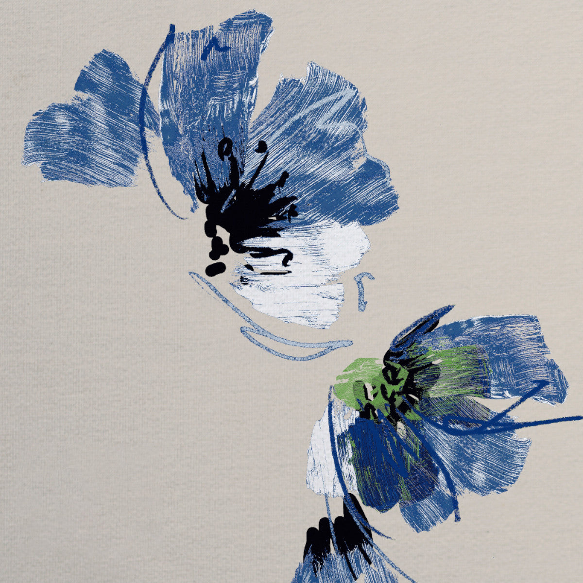 Nærbillede - Flora Blue - Sødahl akryldug med kunstnerisk blomstermotiv