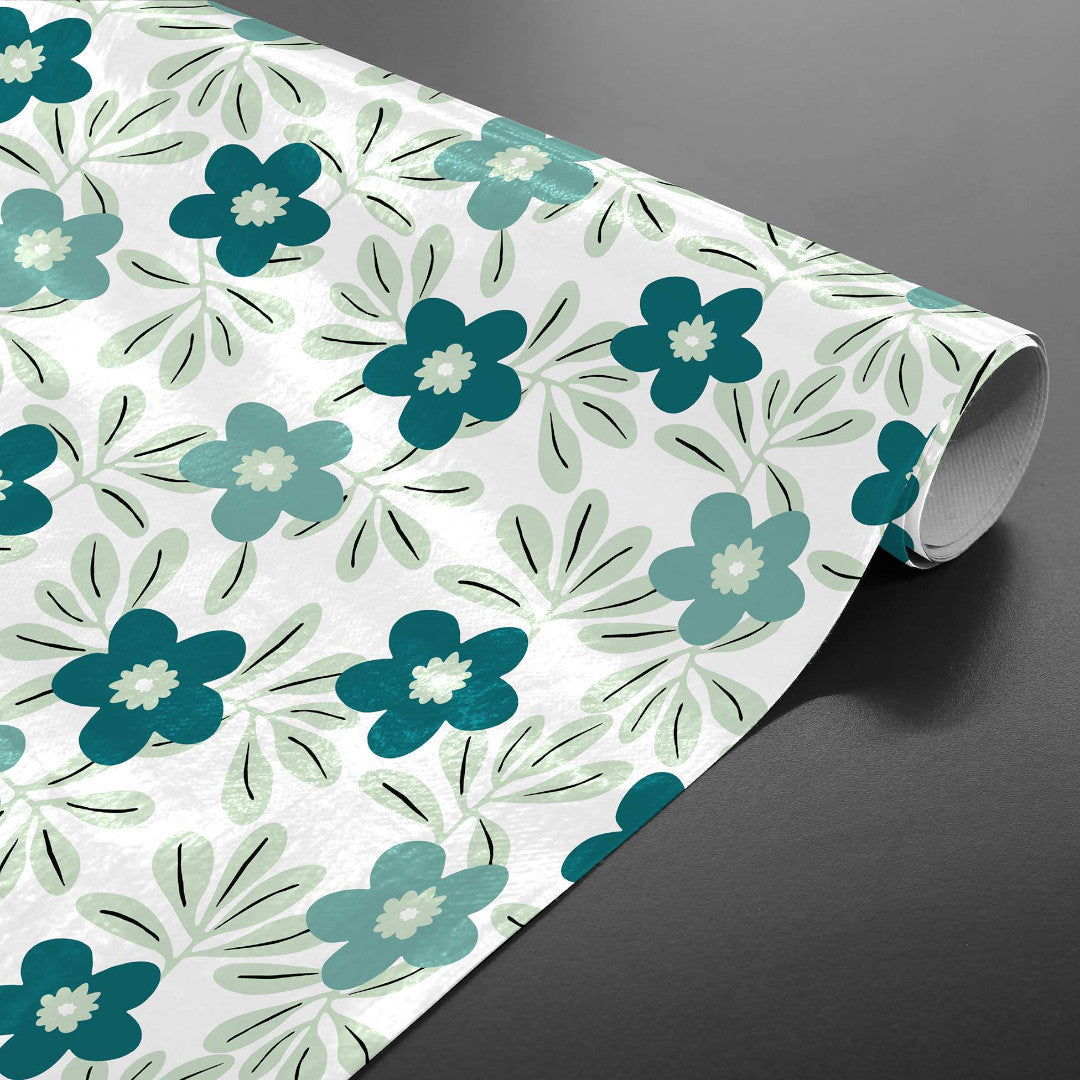 Flory Blue - Elegant voksdug med friske blå blomster, rullet