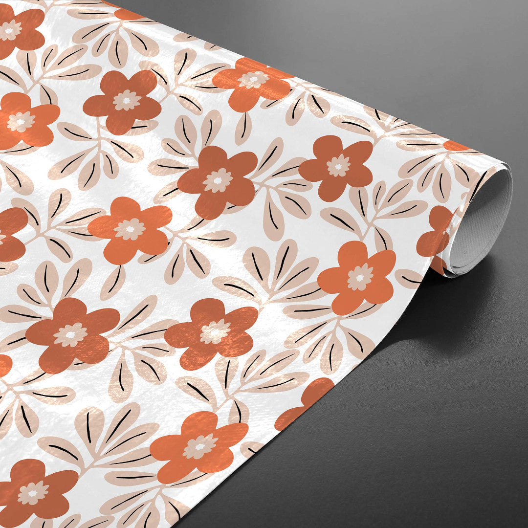 Flory Orange - Smuk voksdug med blomster i varme nuancer, rullet