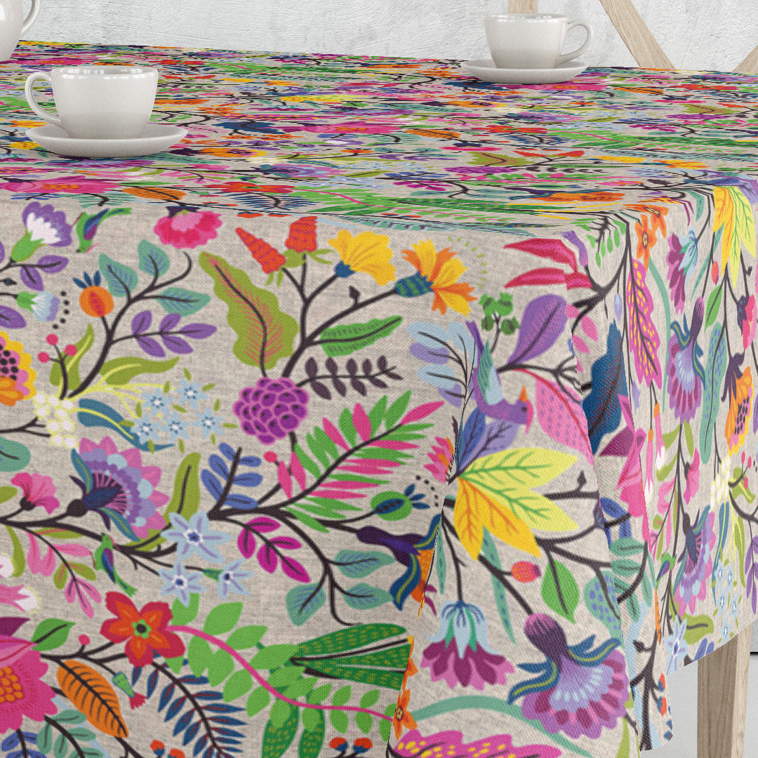 Flowers True Colors - Akryldug i hørlook med farverige blomster, 160 cm