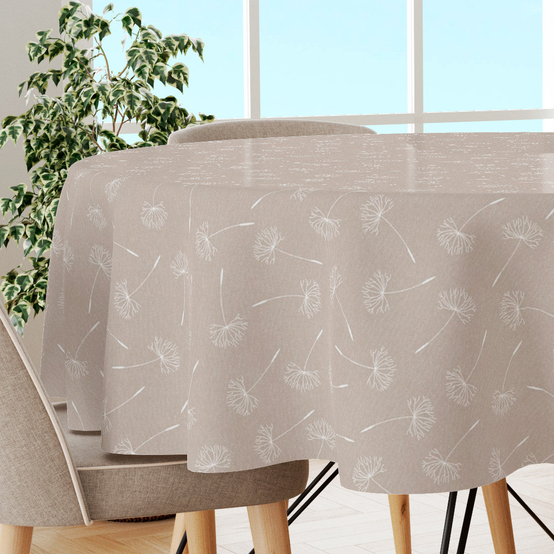 Frøvik Beige – Rund voksdug med hvide blomster i hørlook