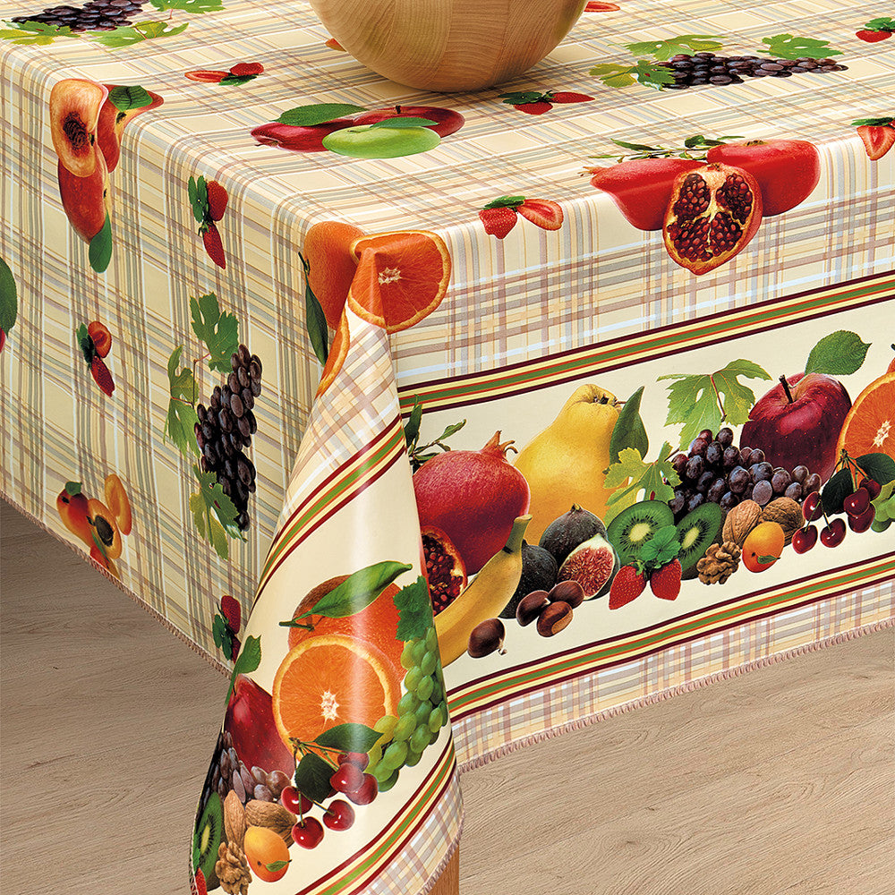 Frugtskålen - Voksdug med frugter på fin ternet bund