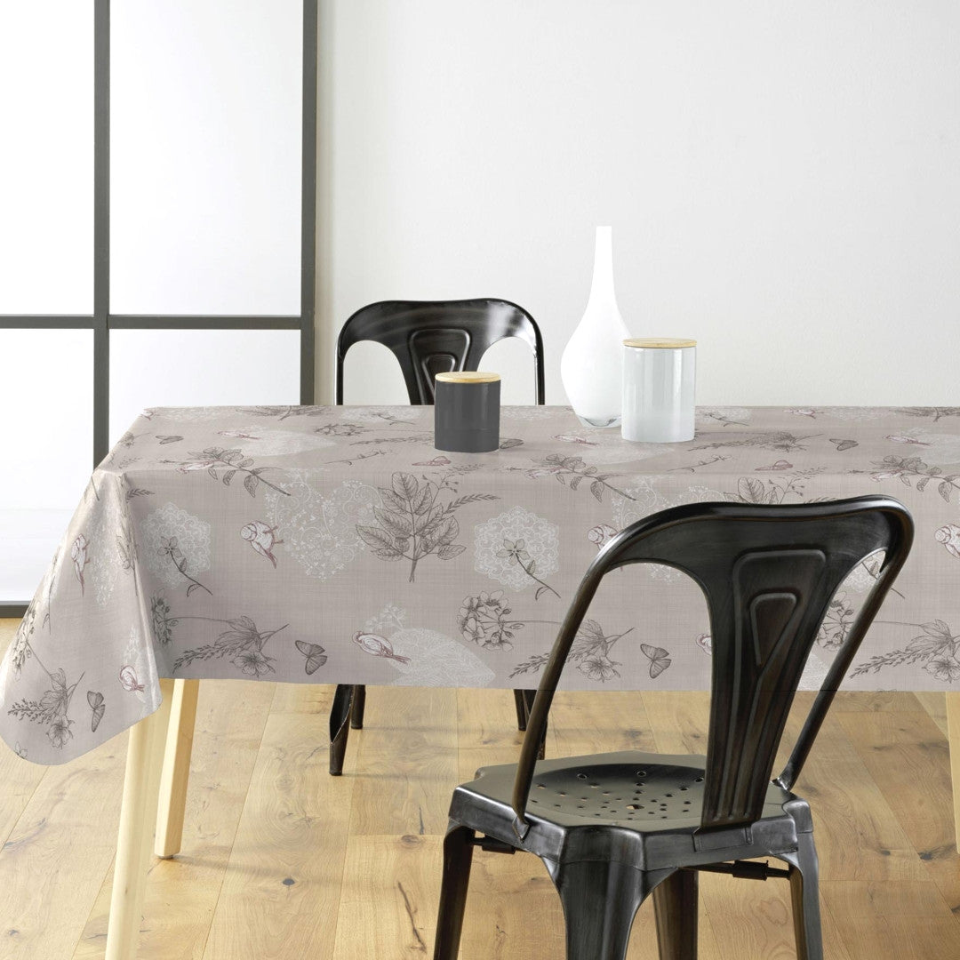 Småfugle i haven - Lys beige voksdug med fugle, sommerfugle, blomster og blade