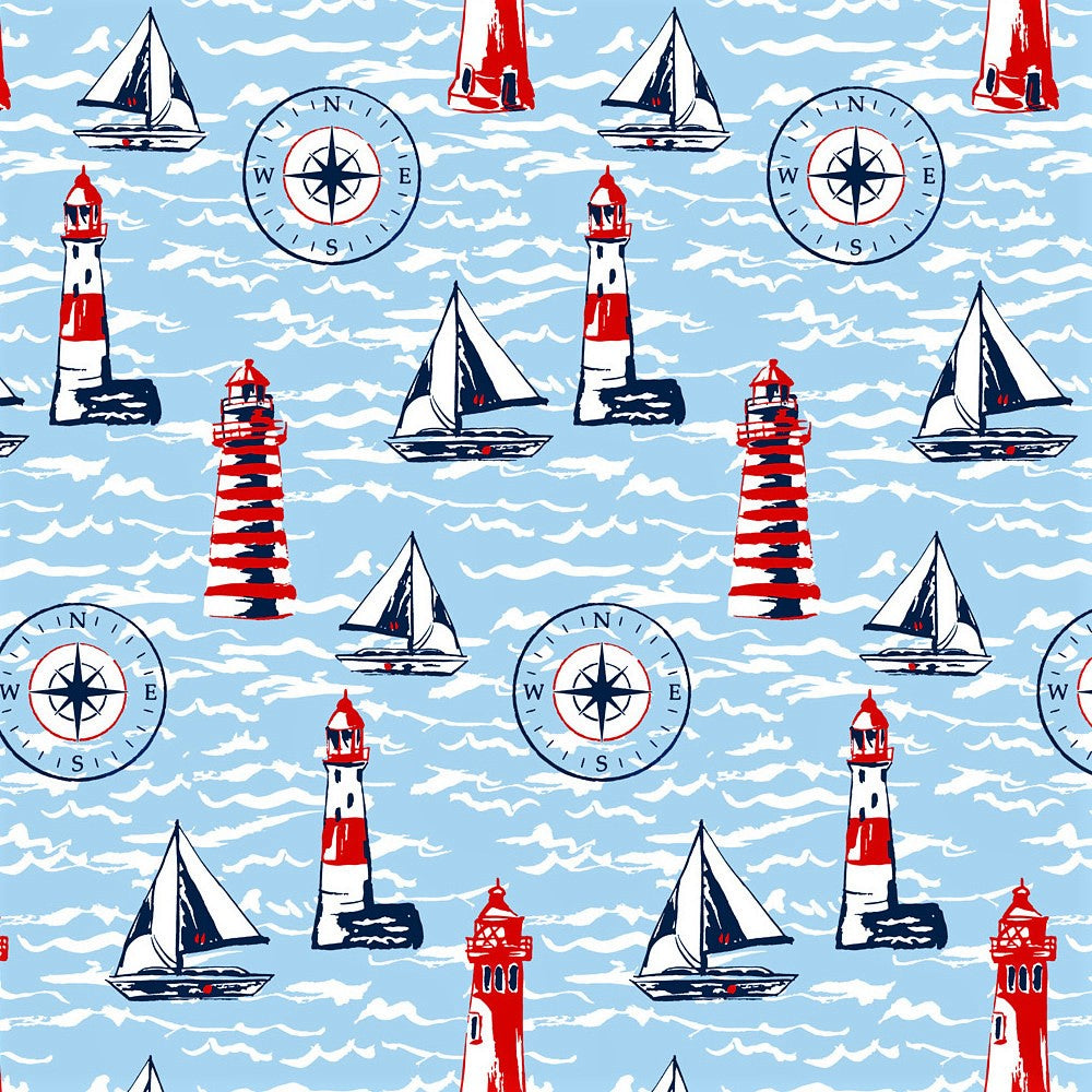 Fyrtårn - Maritim akryldug i lys blå med sejlskibe m. m.