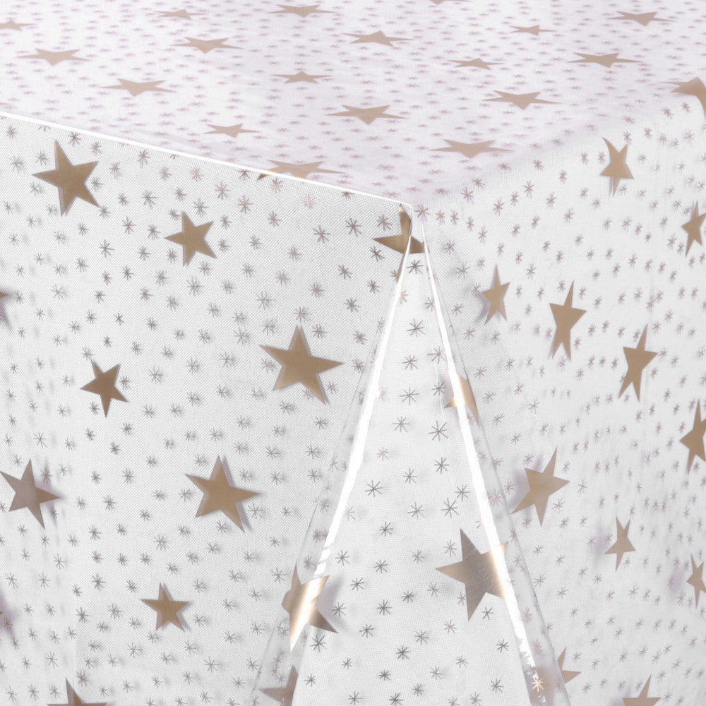 Gennemsigtig voksdug trykt med guld stjerner, klar plast folie, 140 cm bred