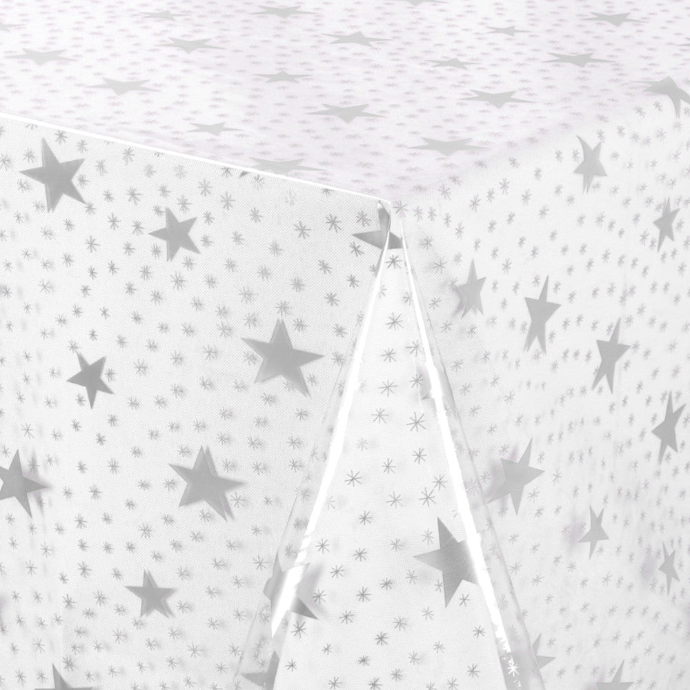 Gennemsigtig voksdug trykt med sølv stjerner, klar plast folie, 140 cm bred