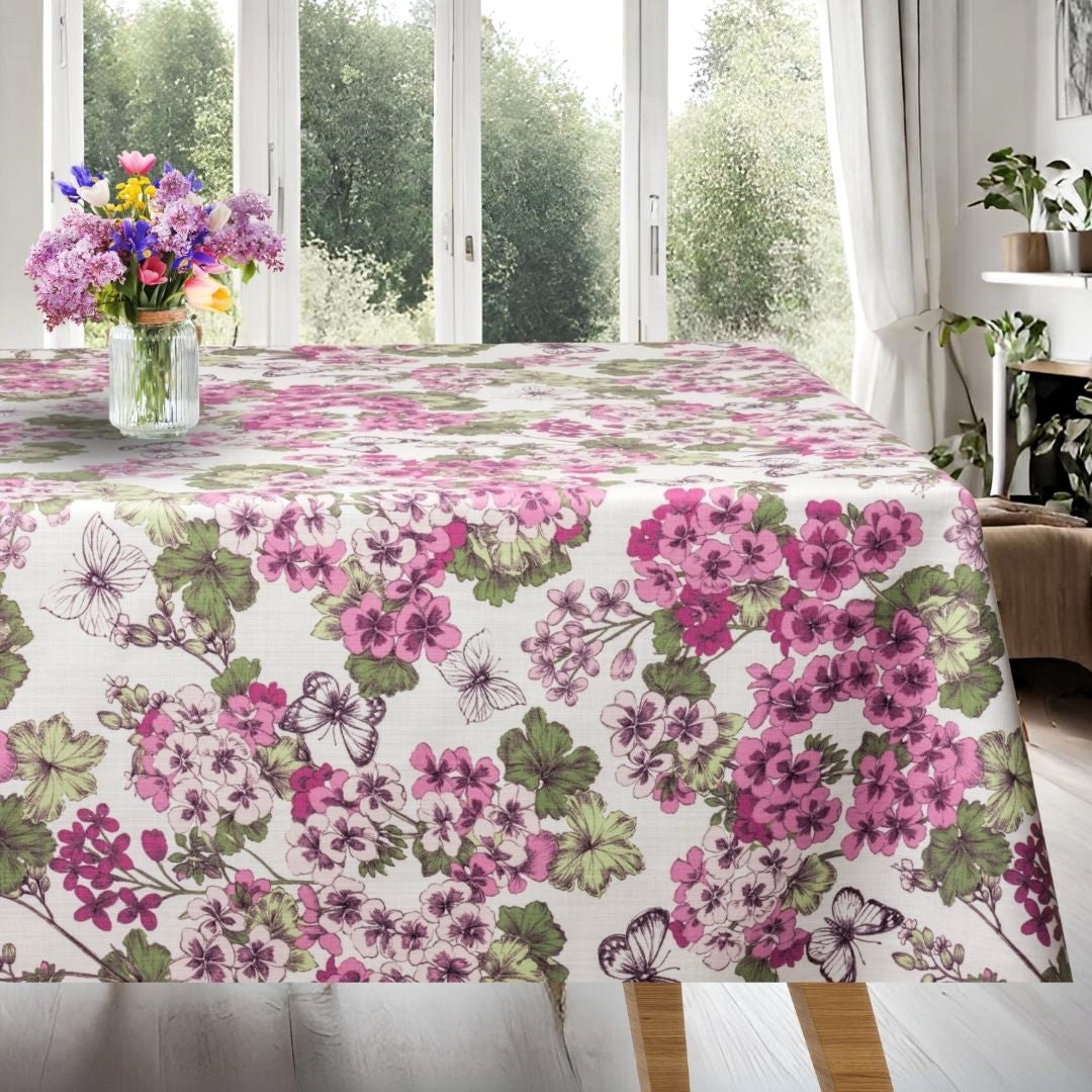 Geranium - Akryldug med skønne lyserøde blomster 155 cm bred