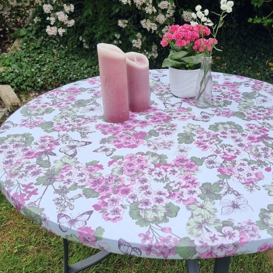 Geranium - Rund akryldug med elastikkant - Til bord Ø 60 - Ø 140 cm