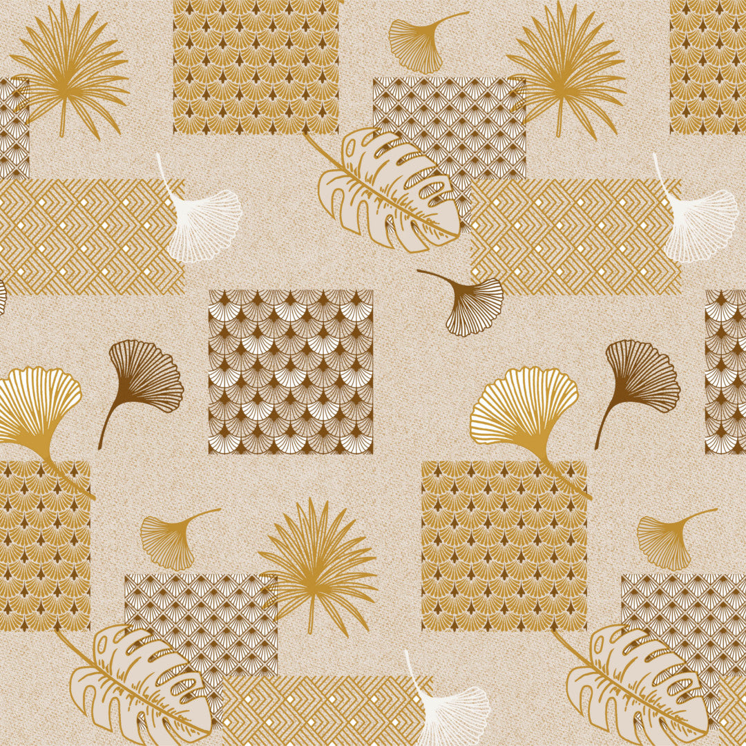 Ginkgo Gylden - Beige voksdug med blade og mønstre