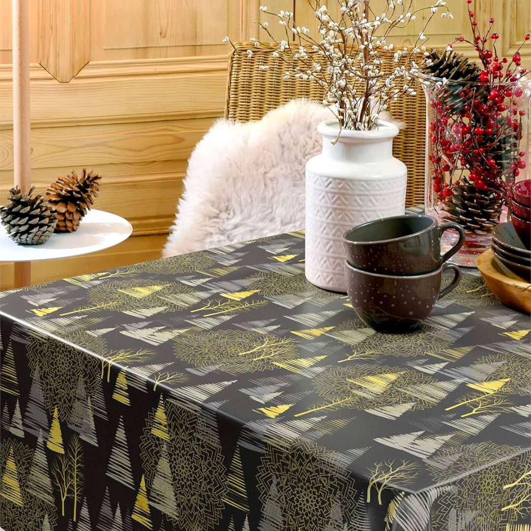 Golden Trees - Mørk grå voksdug med gyldne juletræer og træer