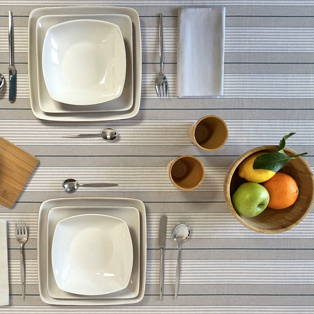 Grå Nordisk Olmer Strib - Akryldug i rustikt hørlook, opdækning