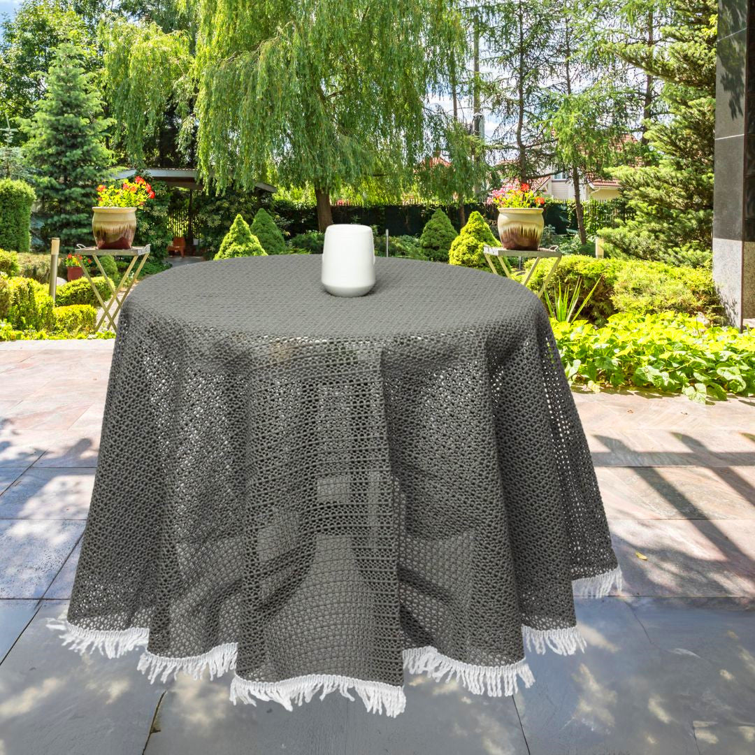 Rustikal, rund sommerdug til havebordet - grå med frynser, Ø 160 cm