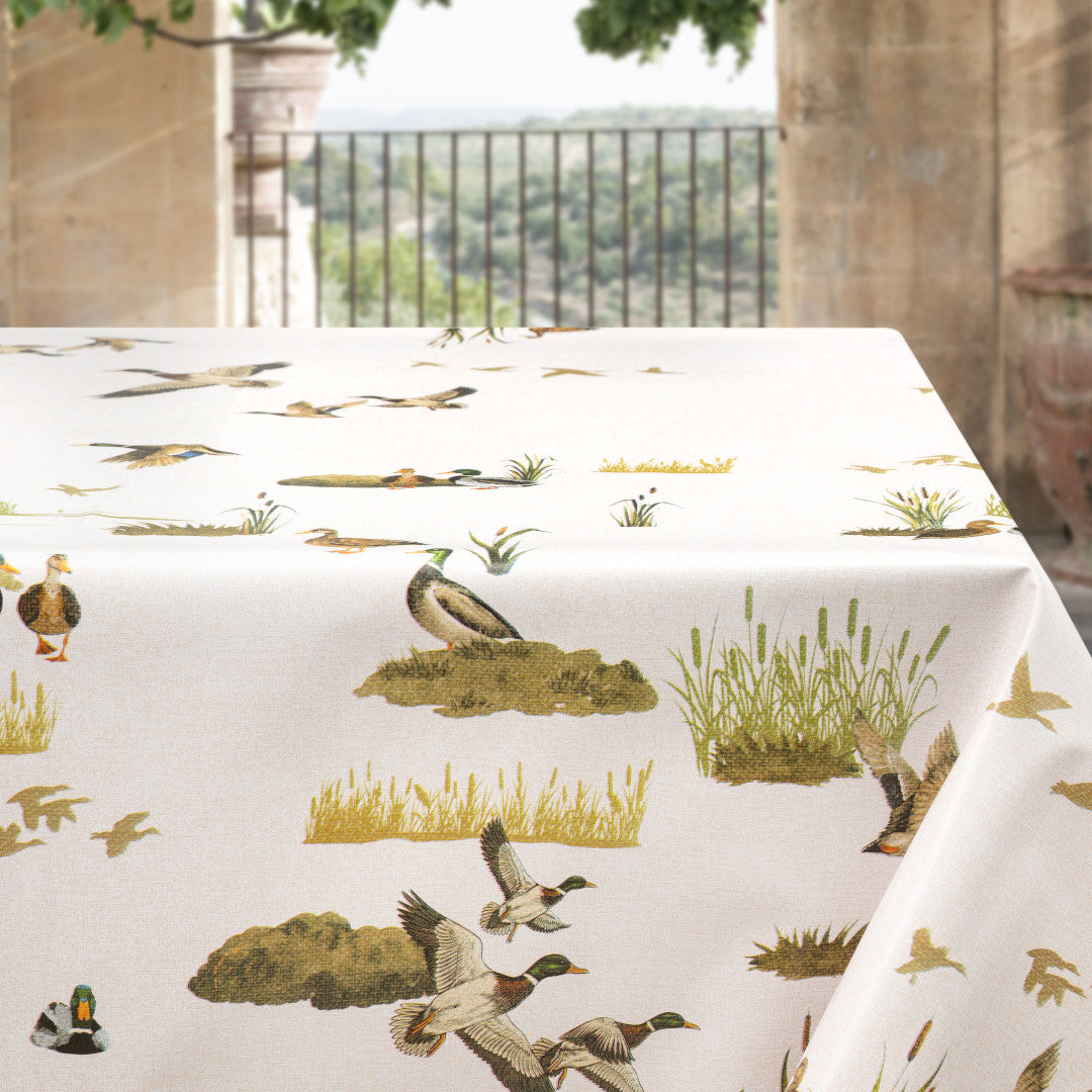 Gråænder i Mosen – Voksdug med naturmotiv i jagtstil, hjørne