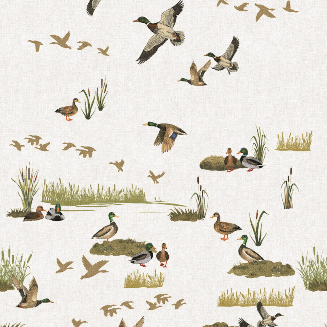 Gråænder i Mosen – Voksdug med naturmotiv i jagtstil