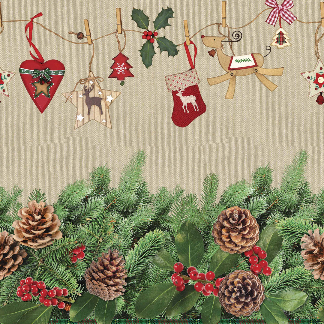 Gran og kogler - Lys julevoksdug med flot stof look