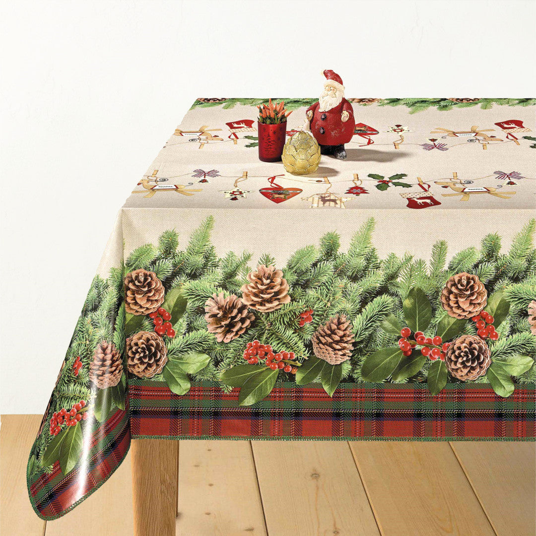 Gran og kogler - Lys julevoksdug med flot stof look