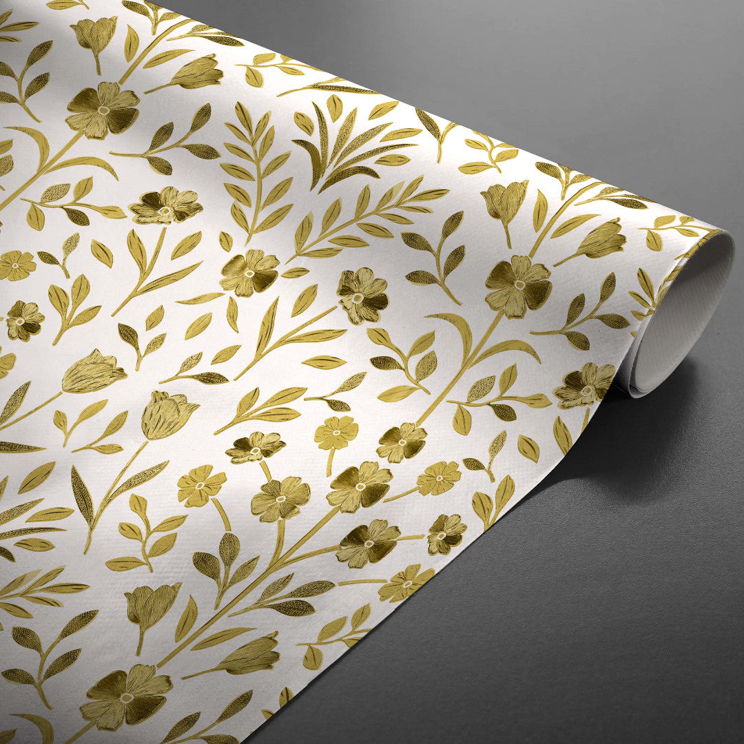 Rullet Guldflor voksdug med guldblomster på hvid baggrund.