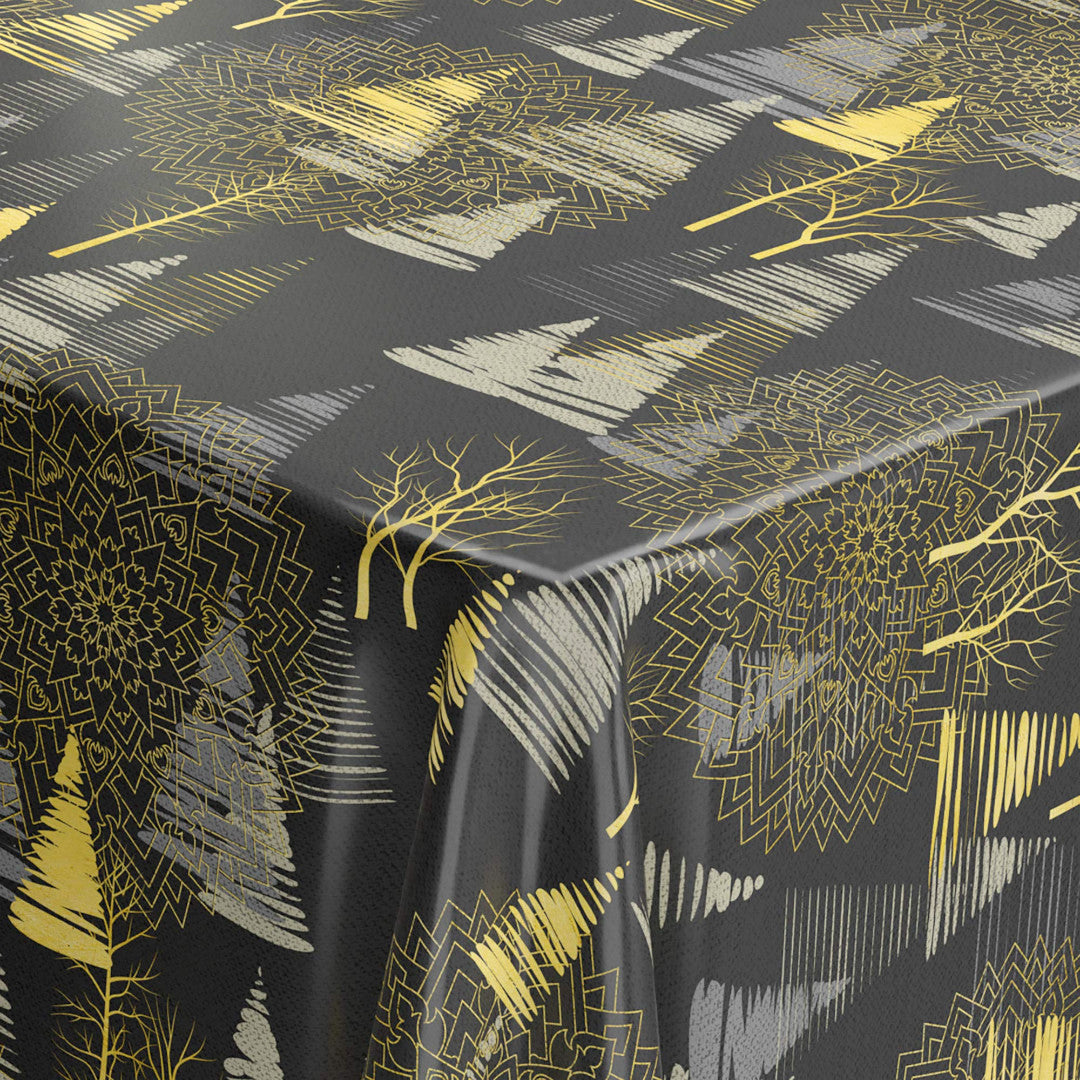 Hjørnebillede af julevoksdug med gyldne juletræer og træer