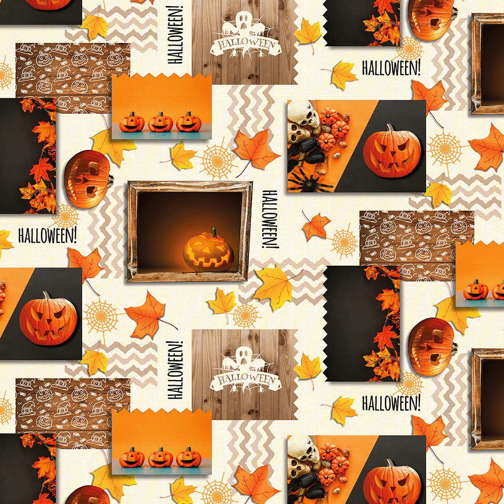 Halloween, voksdug med spøgelser, spindelvæv, græskarhovede