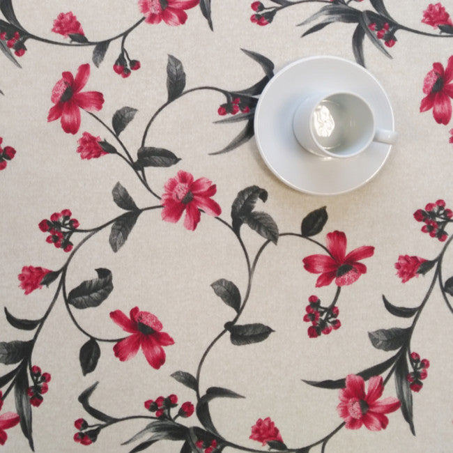 Hals natur, akryldug med blomster, 140 cm bred