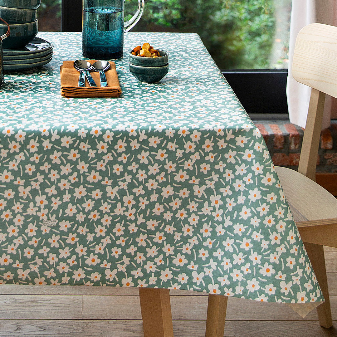 Happy Days Mintwood - 160 cm bred grå voksdug med blomster, hjørne