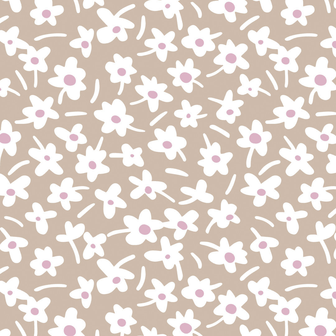 Happy Days Mocha - 160 cm bred grå voksdug med blomster, mønster