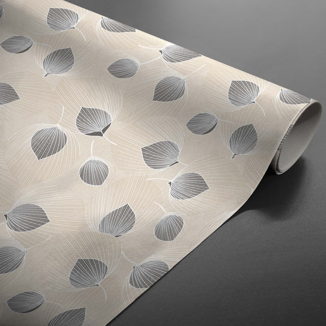 Rullet Helga Grå voksdug med bladmønster og fin sølvstruktur