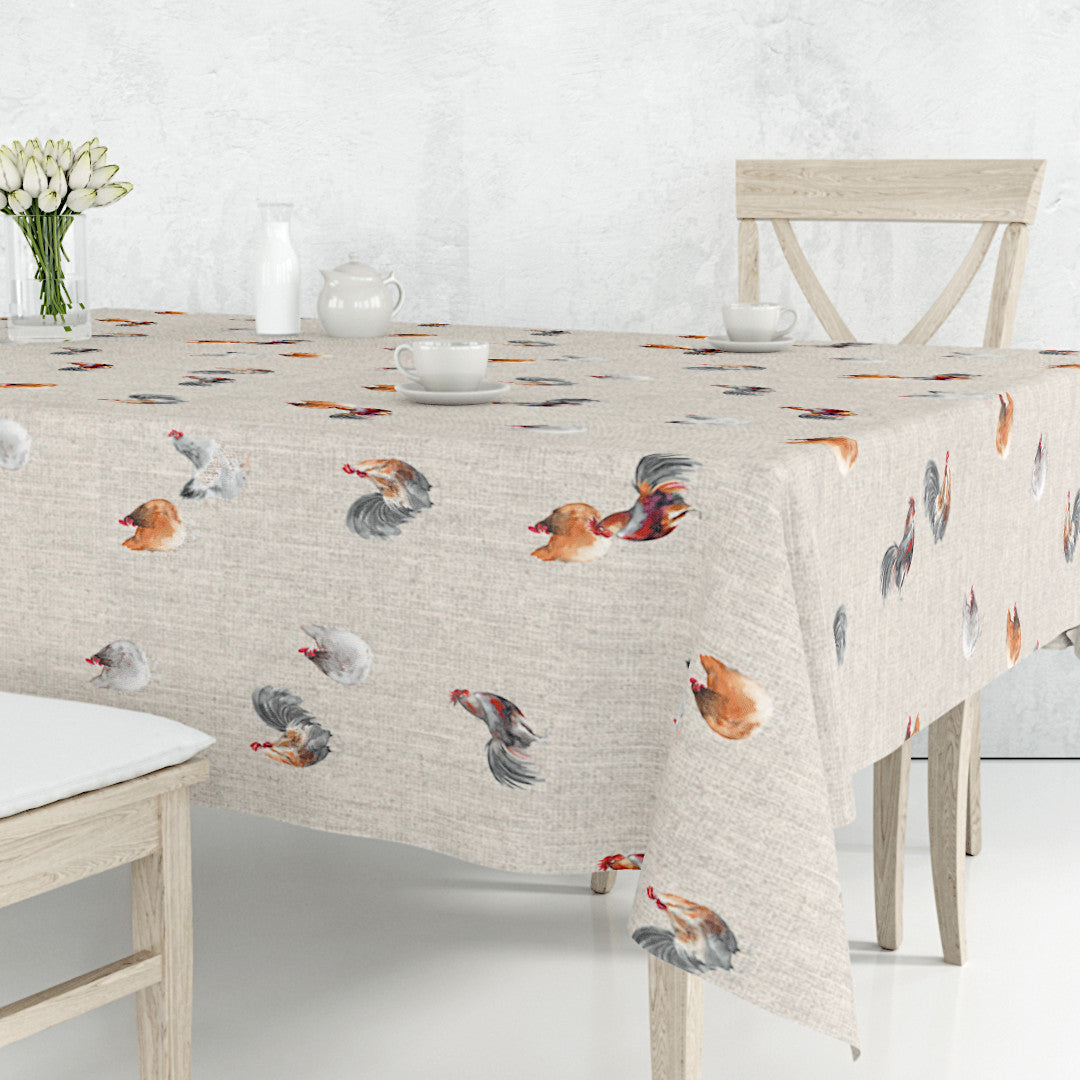 Akryldug på bord, hørlook og flotte akvarelmalede høns, 160 cm