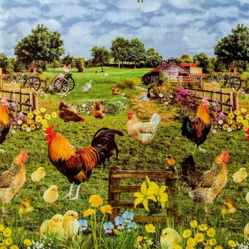 Hønsefarmen, voksdug med høns, kyllinger og hanen