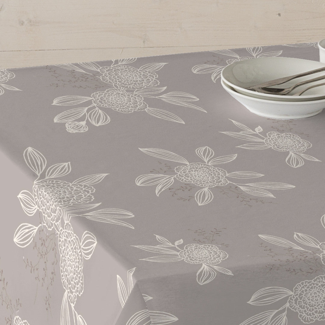 Japondi Mørk Beige - Akryldug med hvide stregblomster