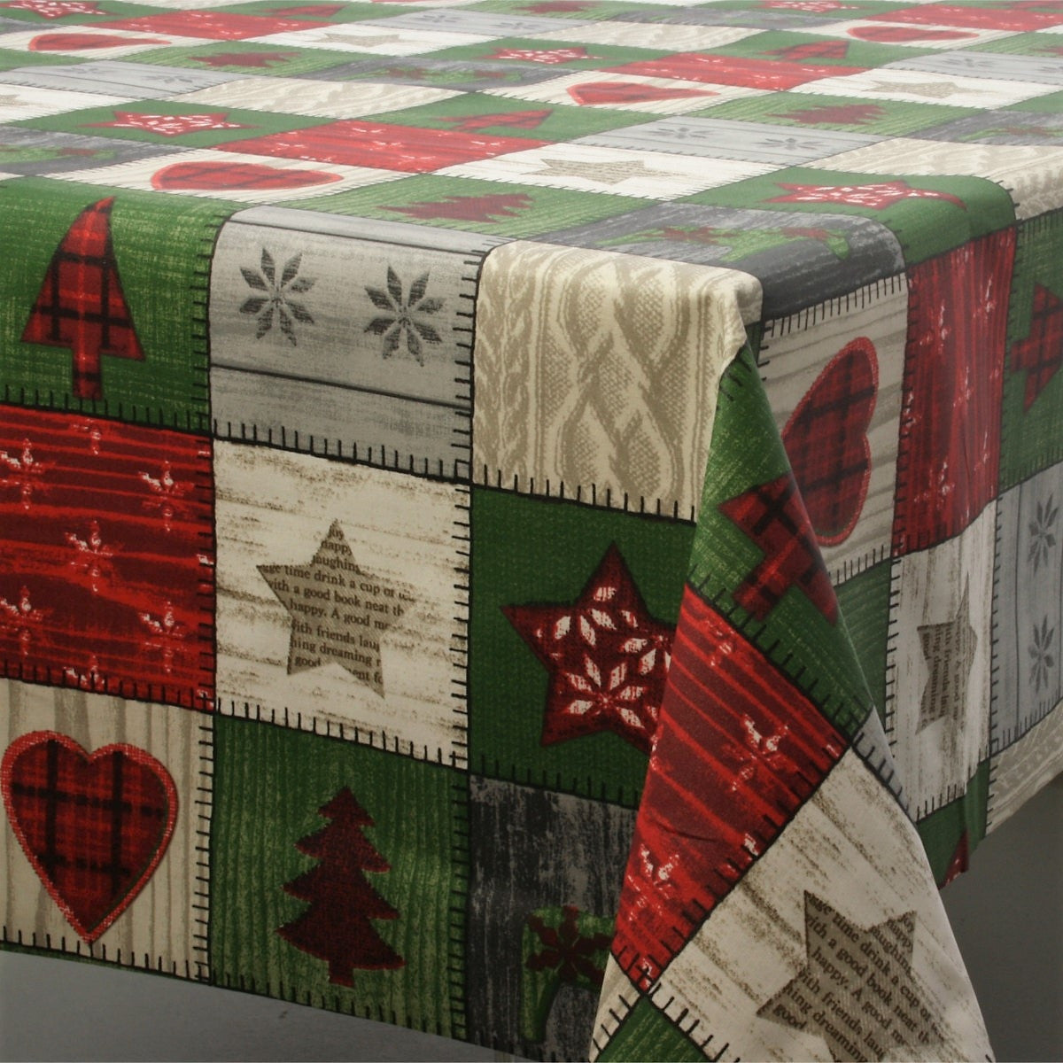 Juledug Scandy, akryldug med julemotiver i firkanter - 155 cm bred