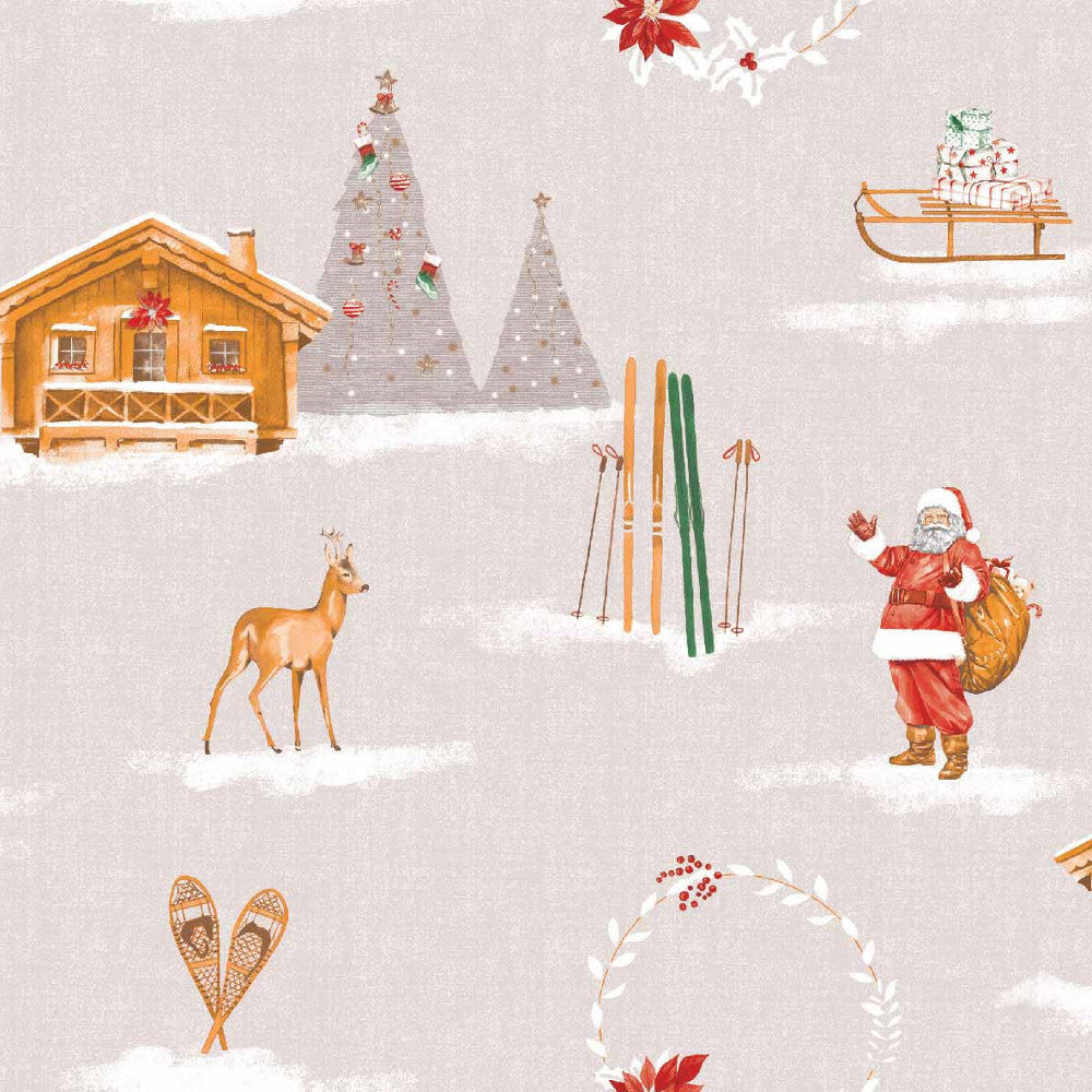 Jul På Fjeldet Beige - Julevoksdug med fjeldhytte, ski og julestemning