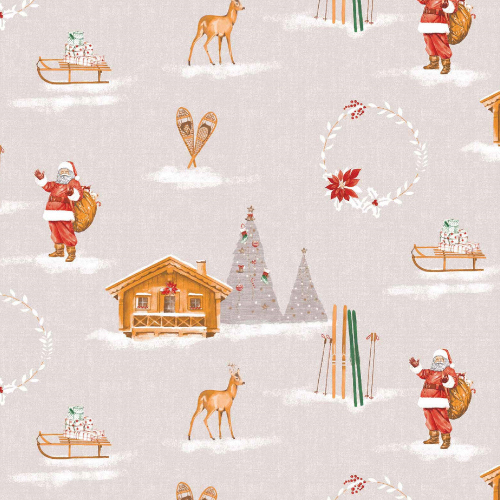 Jul På Fjeldet Beige - Julevoksdug med fjeldhytte, ski og julestemning