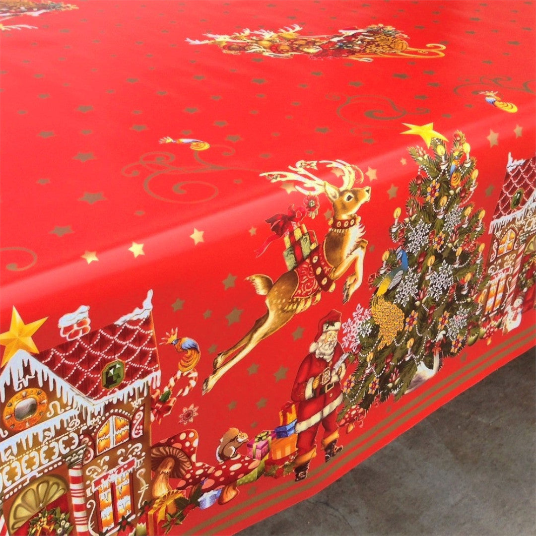 Jul i Kagehuset voksdug set fra siden med rensdyr og julemandens kane