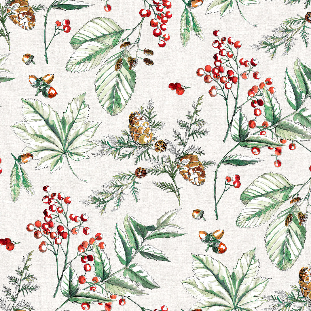 Voksdug med grønne blade, grankogler og røde bær