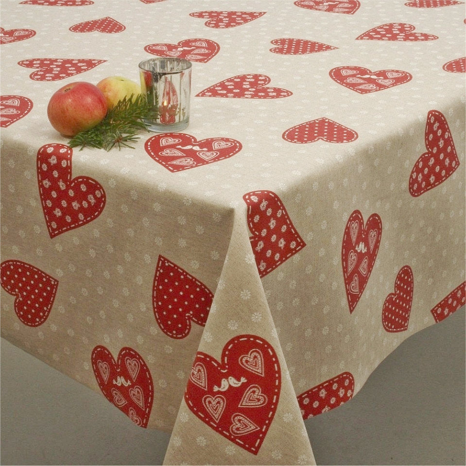 Juledug, akryldug med Julehjerter og Turtelduer i hørlook