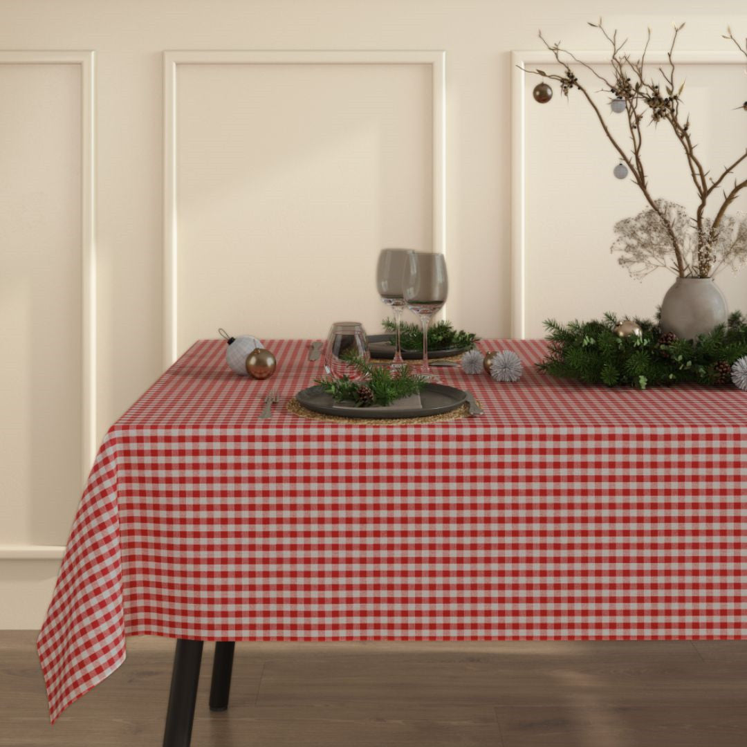 Juletern rød og Naturhvid - Rustik juledug i hørlook med akryl i miljø