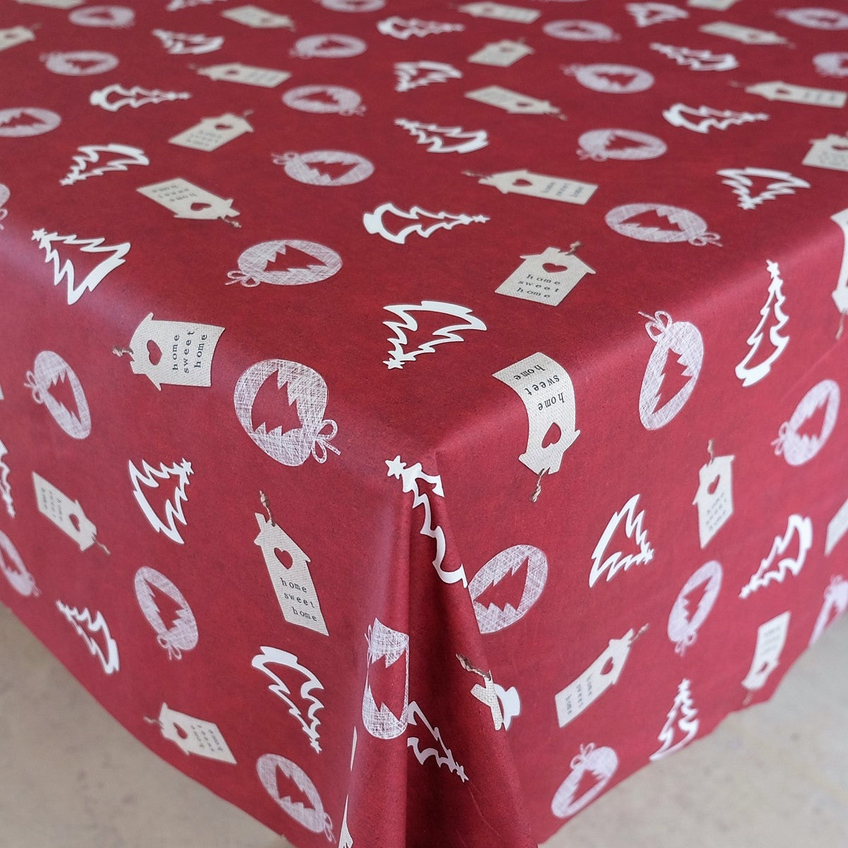 Juledug, Home Sweet Home, bordeauxrød - Akryldug med julemotiver