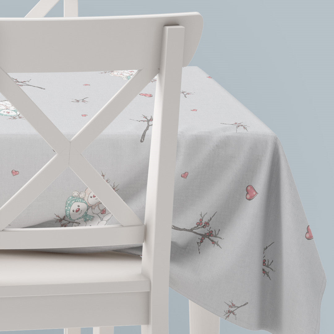 Hjørnebillede af juledug/tekstildug fra Klarborg med de søde snemænd