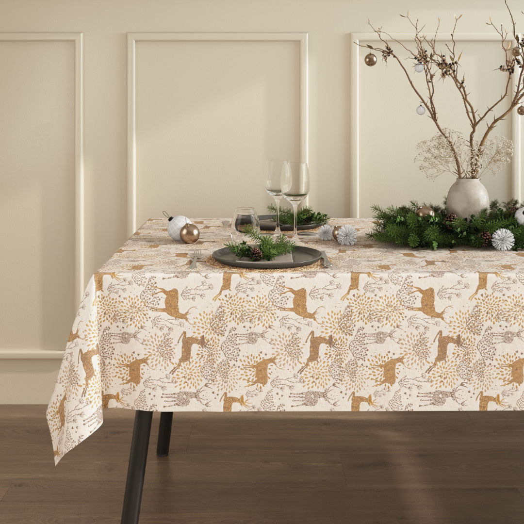 Juledug Golden Reindeers set fra siden med elegante gyldne rensdyrmotiver