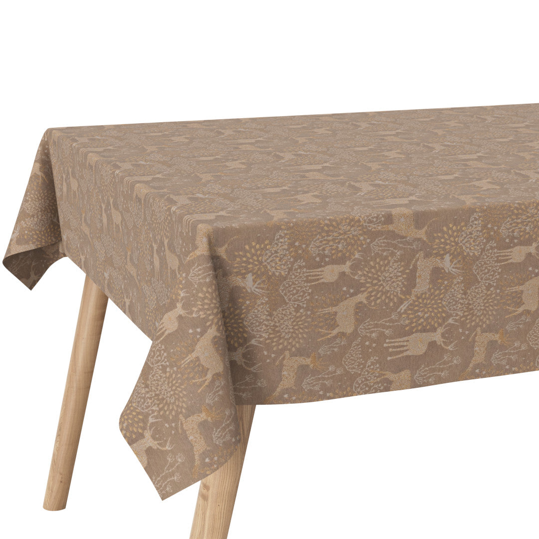 Hjørnebillede af Juledug Golden Reindeers i sand med guldmønstrede rensdyr.