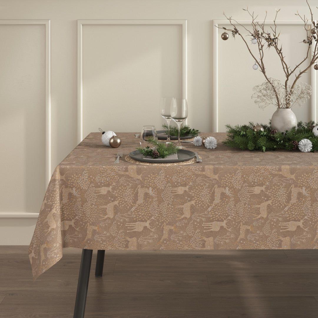 Juledug Golden Reindeers sandfarvet, set fra siden med elegante gyldne rensdyrmotiver