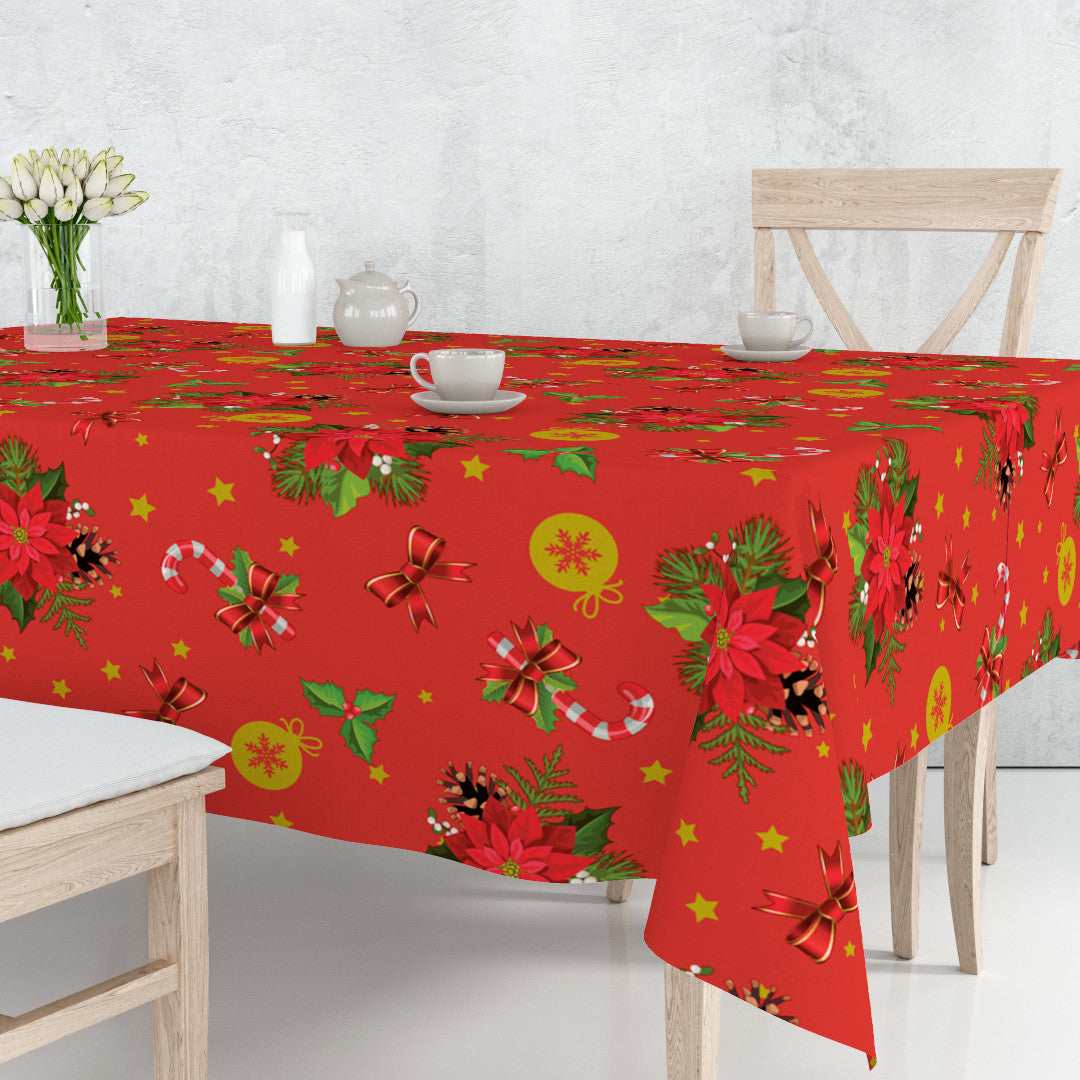 Julens Glød - Voksdug med julestjerner i bordopstilling